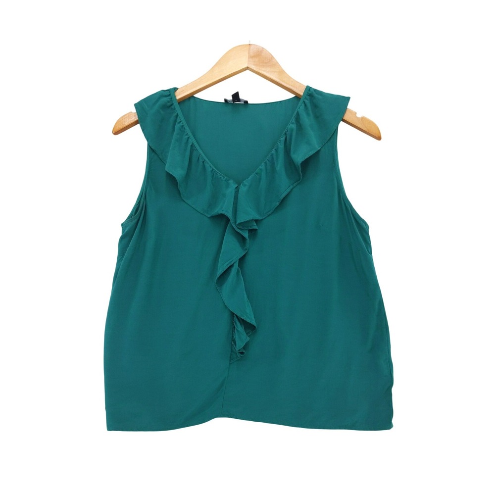 Talbots Ruffle Front Blouse Womens Small Teal Green Sleeveless V-Neck Top